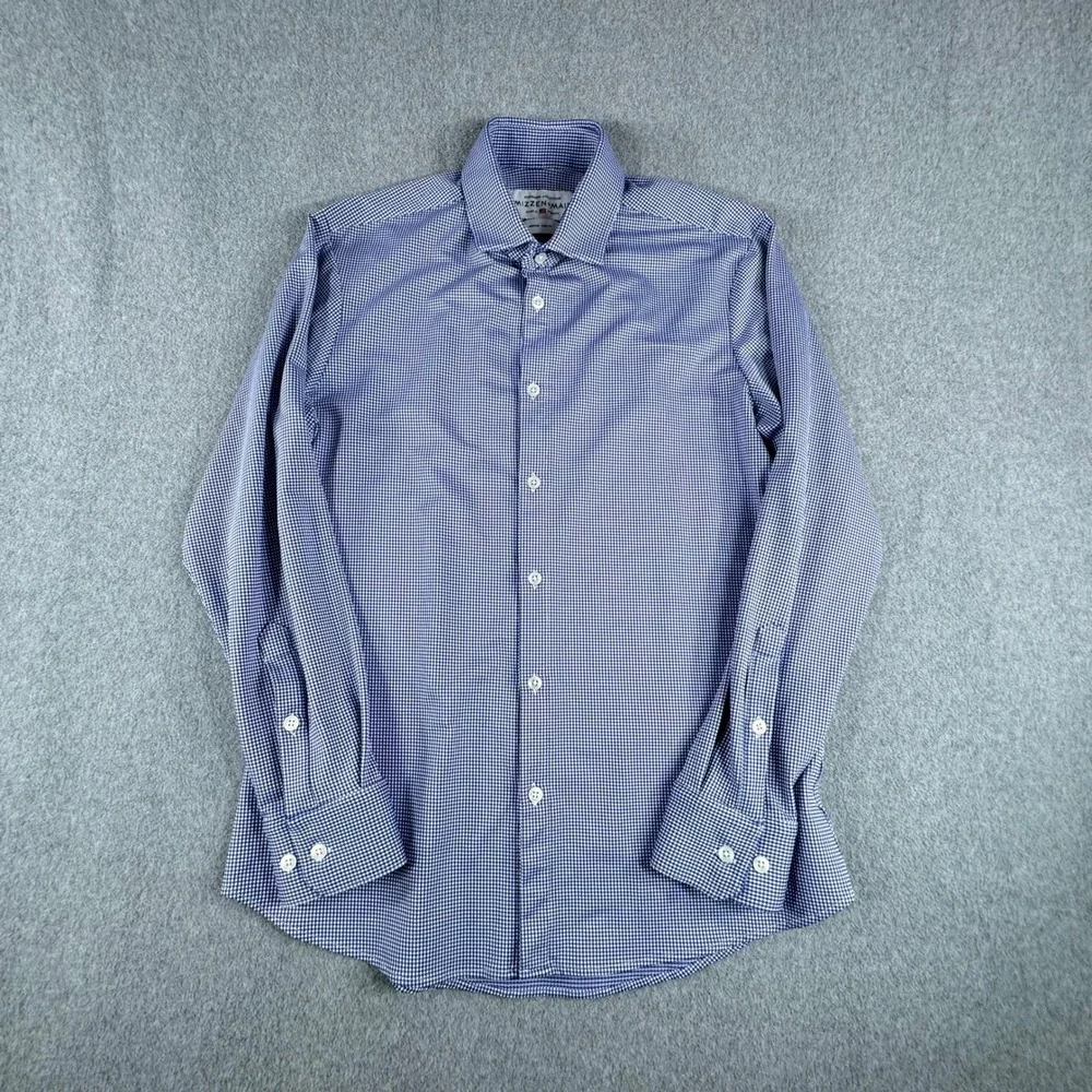 Mizzen+Main Spinnaker Collection Blue Gingham Shirt Mens Medium Trim Fit Stretch